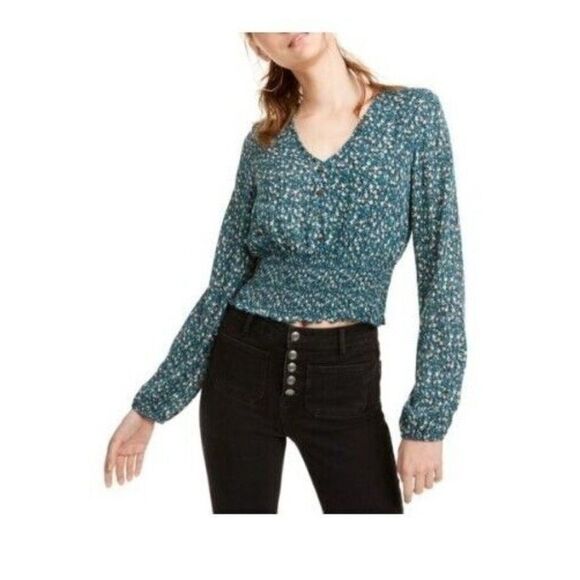 Gypsies & Moondust Womens Large Floral Crop Top Smocked Green Blouse Long Sleeve - Picture 1 of 10